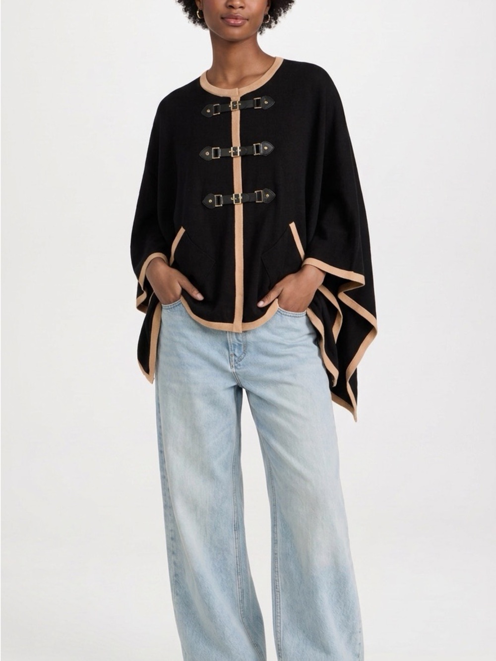 Christina Black Poncho with Tan Trim and Buckle Details